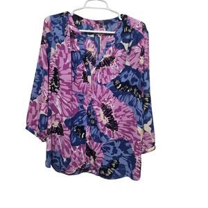 NYDJ Floral V-Neck Button-Front Blouse in Purple and Blue